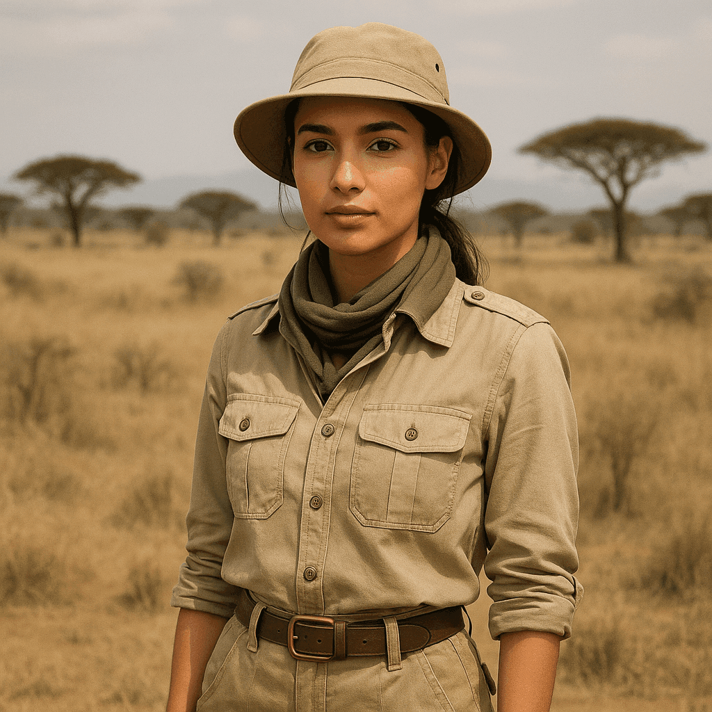A woman dressed in classic safari attire — khaki shirt, matching hat, and olive scarf — stands in a sunlit African savanna with acacia trees in the background.