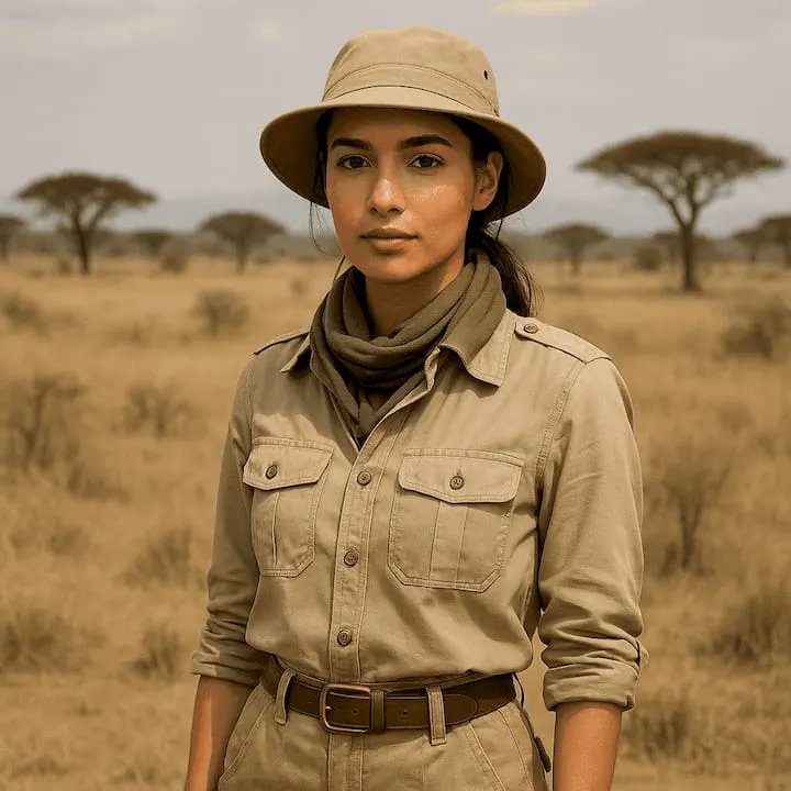 A woman dressed in classic safari attire — khaki shirt, matching hat, and olive scarf — stands in a sunlit African savanna with acacia trees in the background.