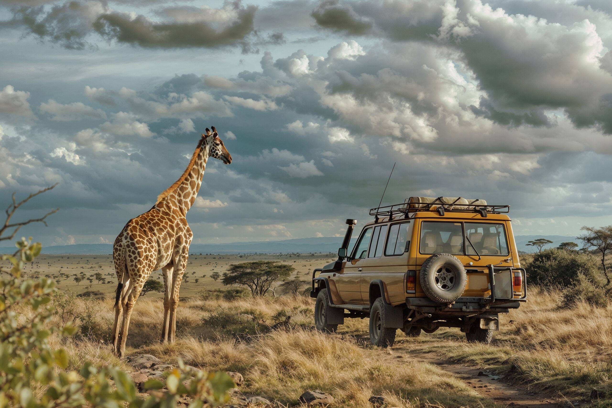Giraffe next to a safari vehicle in Uganda