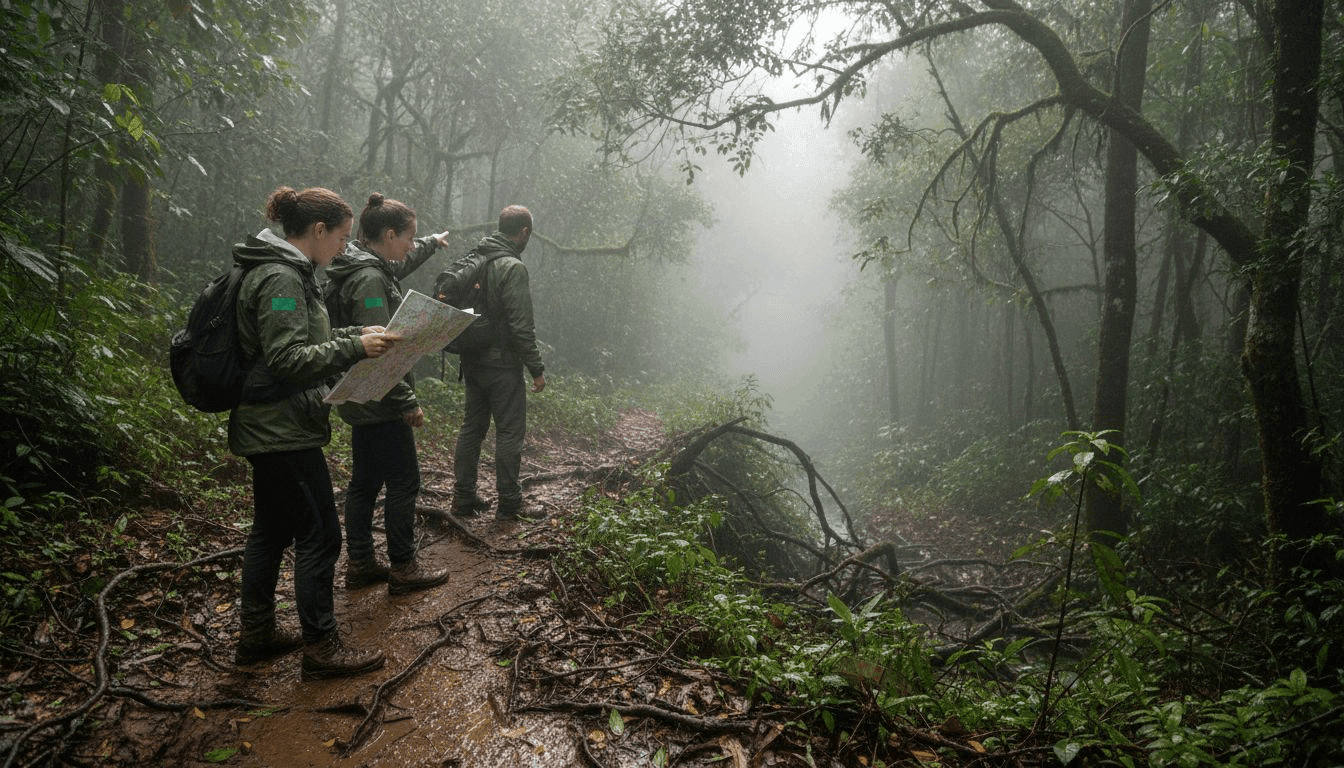 Trekkers hiking through misty Uganda forest