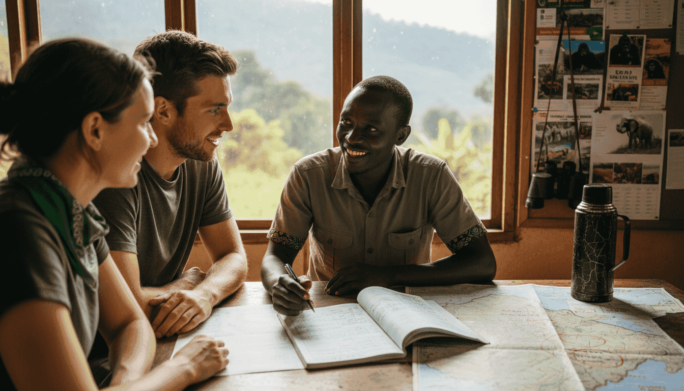 Safari planner and tourists discuss itinerary