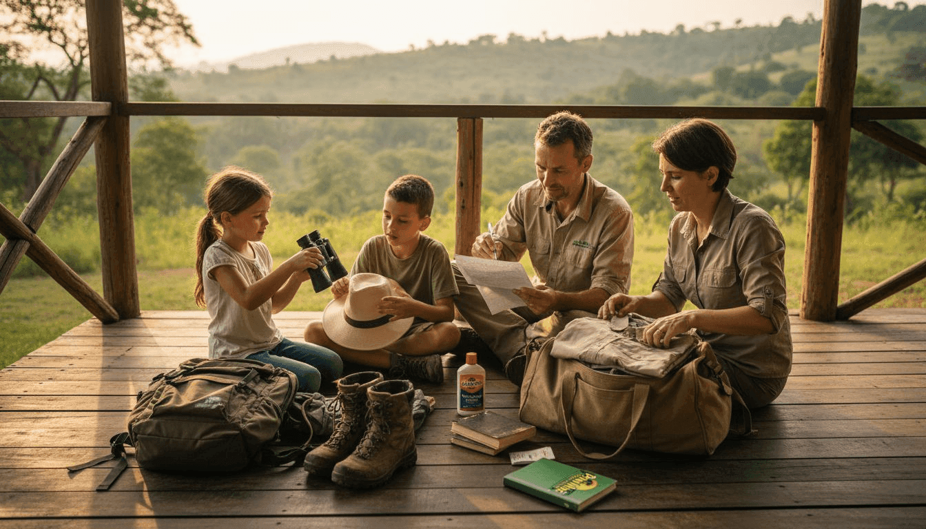 Family preparing gear for Uganda safari