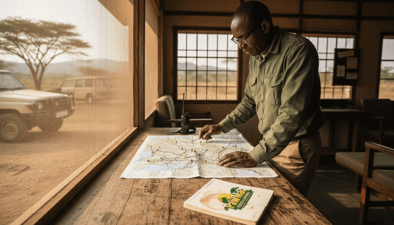 Safari operator reviewing route map and plans