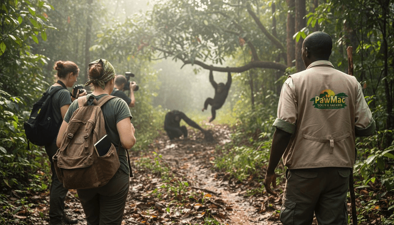 Travelers tracking chimpanzees in Uganda forest