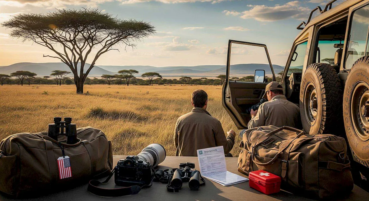Two safari travelers standing near table with travel insurance papers