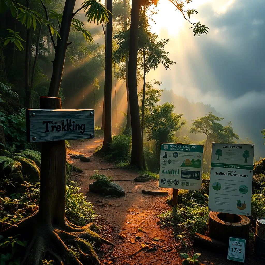 Gorilla trekking trail in Uganda rainforest