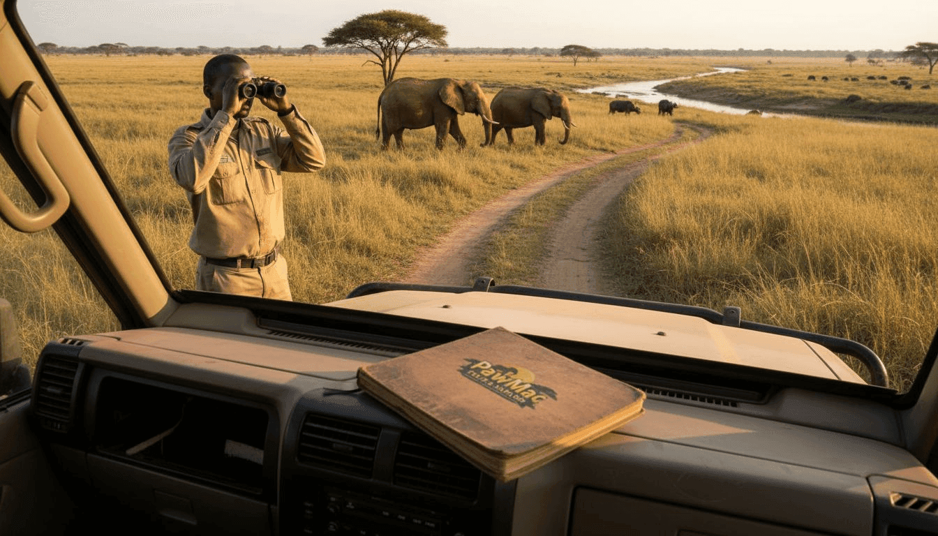 Uganda safari guide scanning Big Five landscape