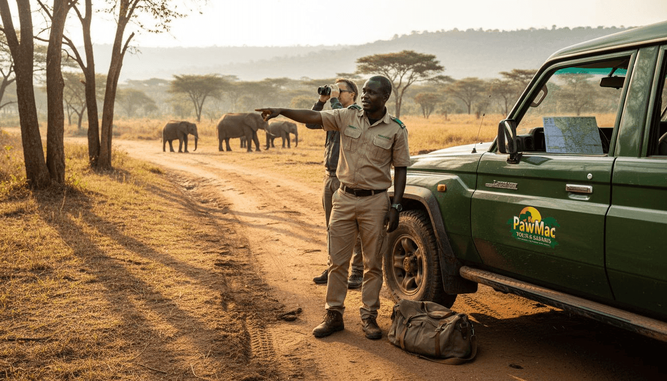 Safari guide ensuring safe wildlife distance in Uganda