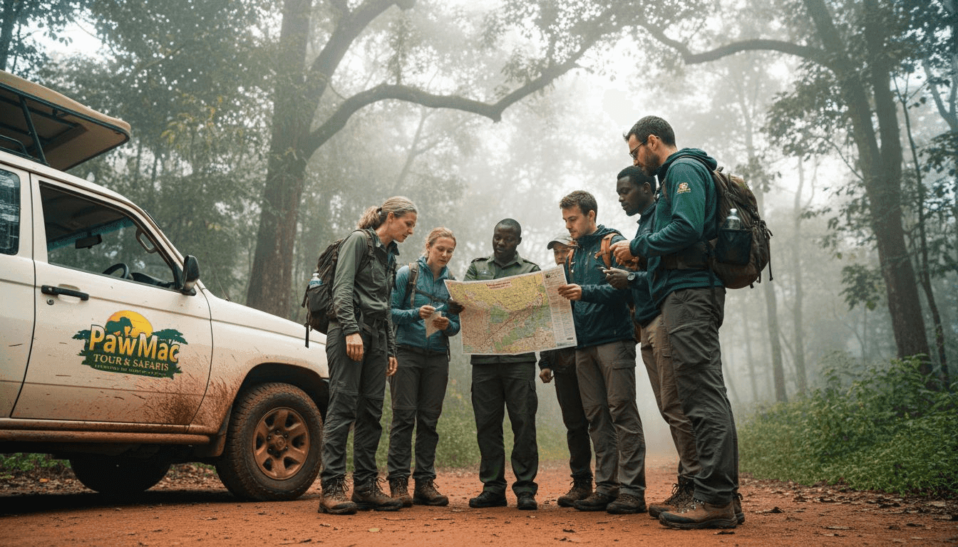Tourists with gorilla permits at park entrance