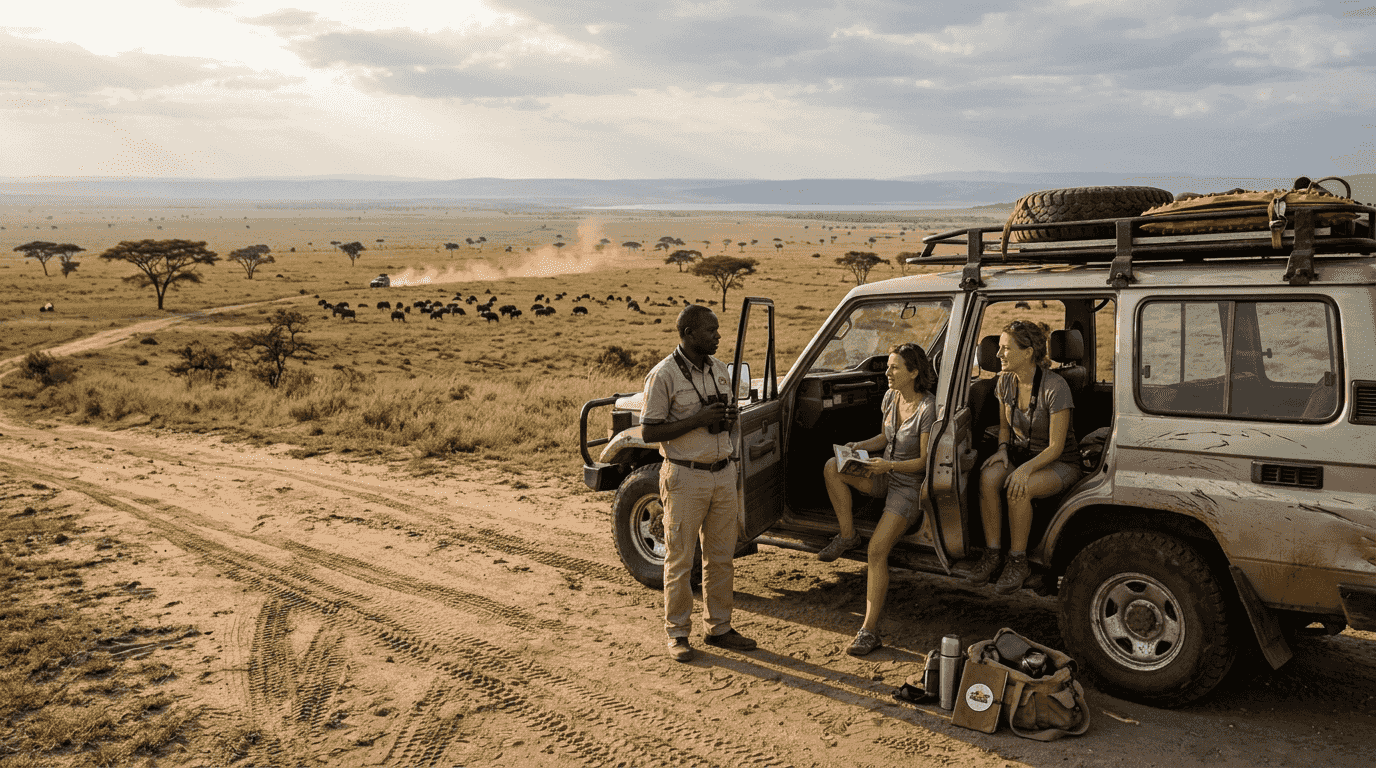 Safari guide with tourists in Kasenyi plains