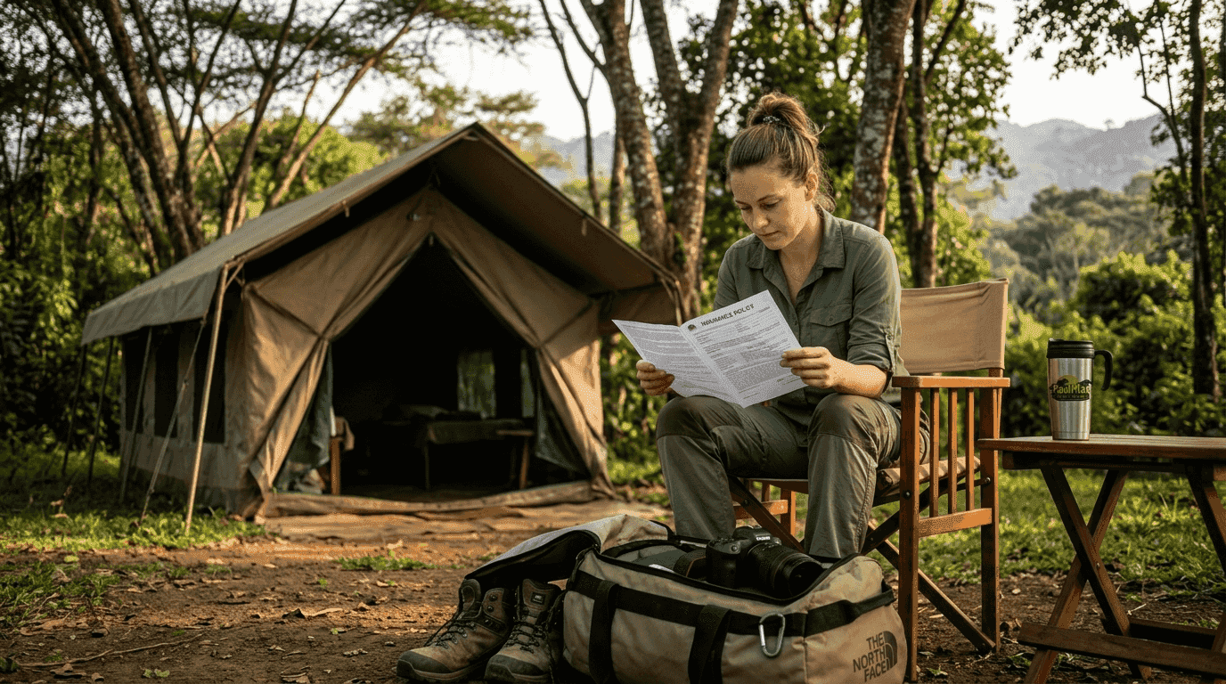 Safari traveler reviews insurance outside tent in Uganda