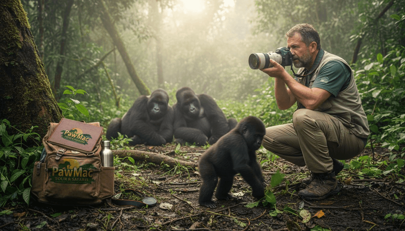 Photographer capturing gorillas in Ugandan forest