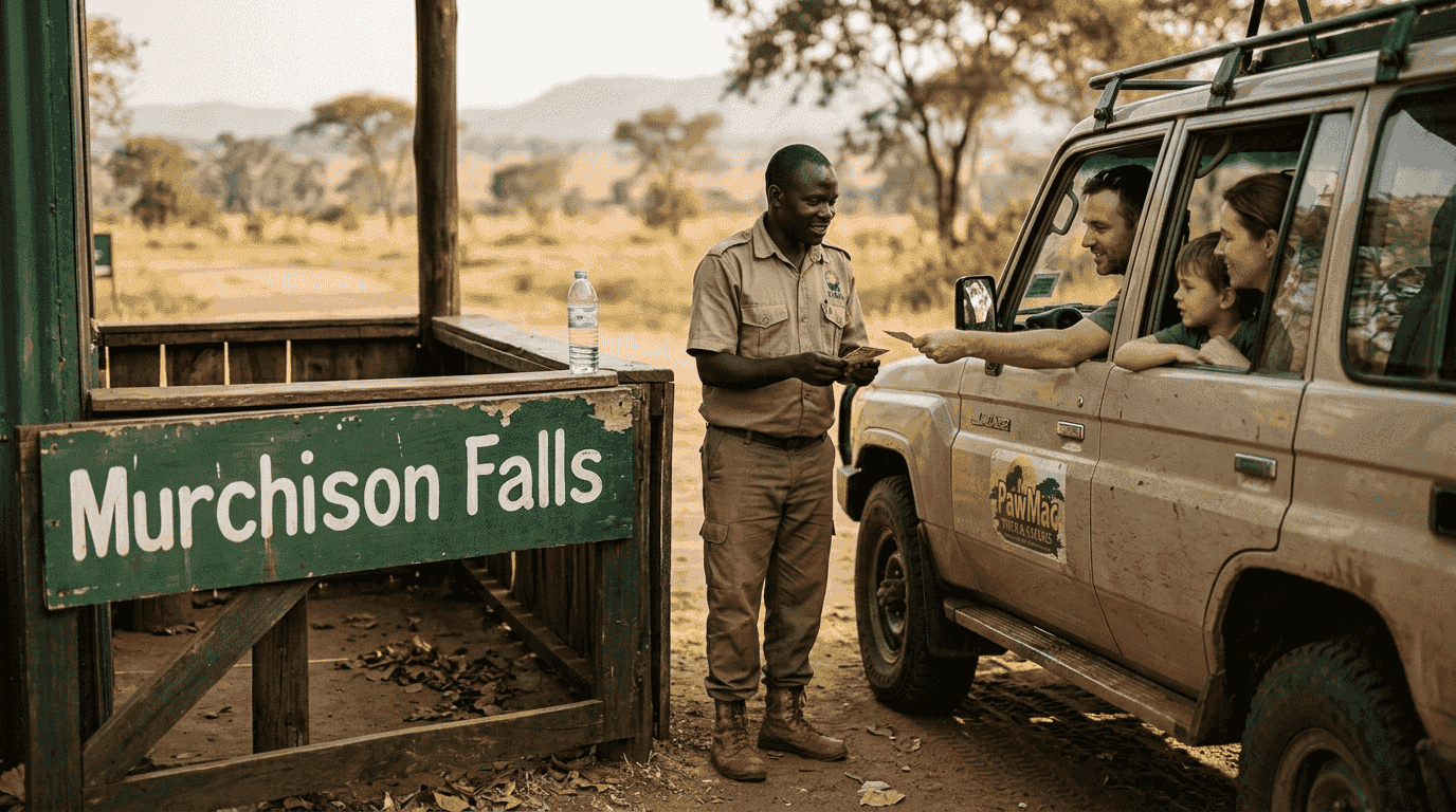 Ranger checks tickets at Uganda safari gate