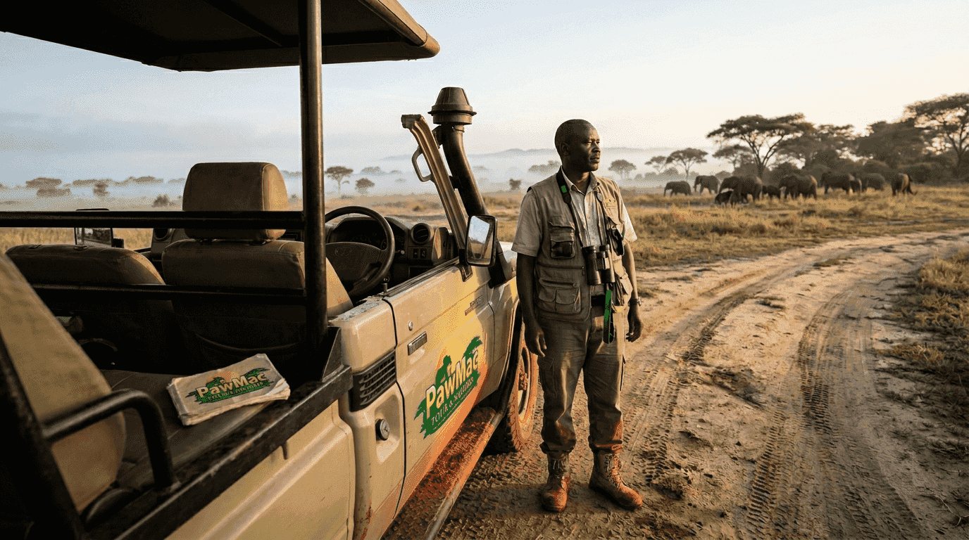 Safari guide and vehicle at dawn in Uganda