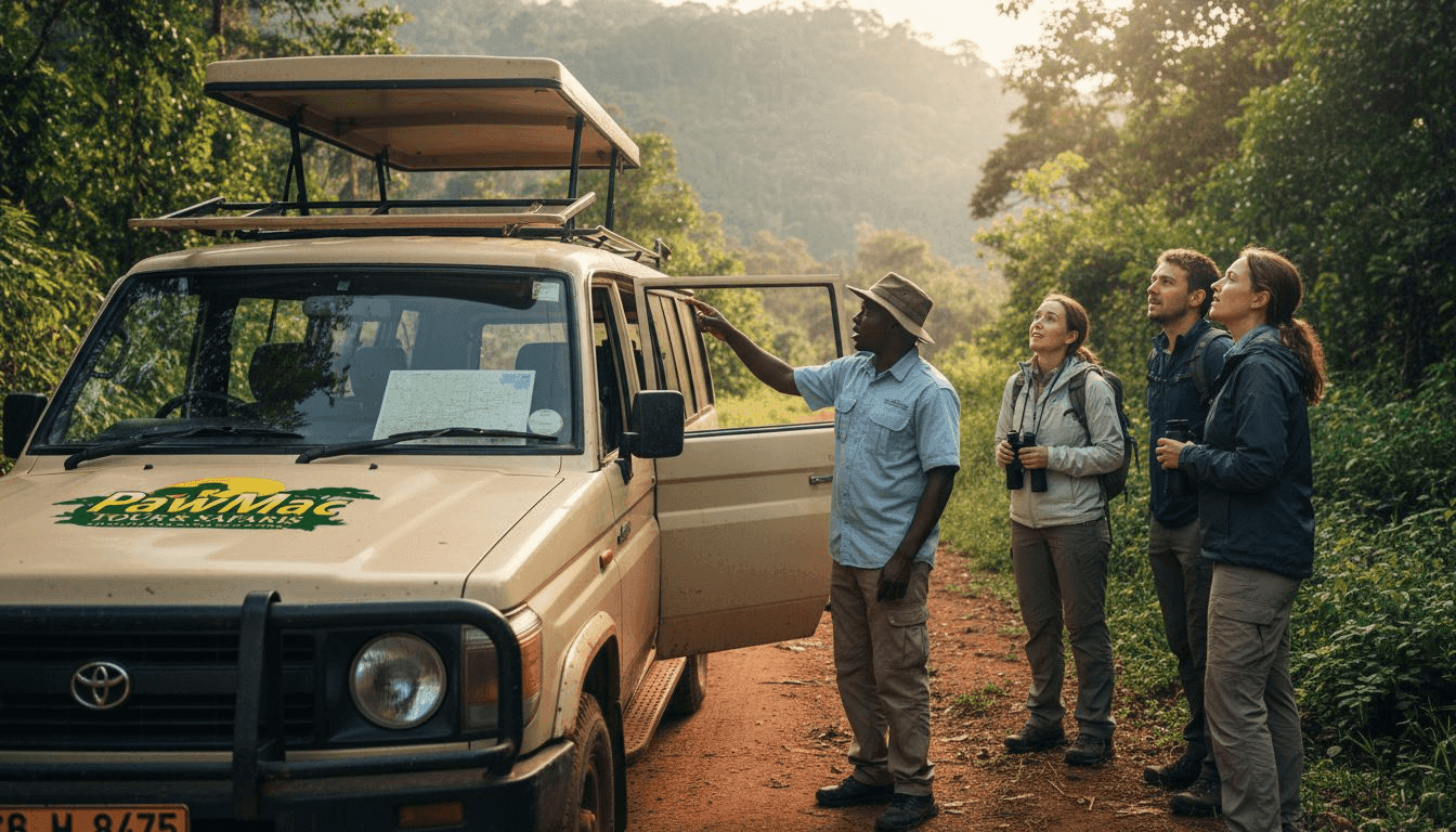 Safari guide with tourists and 4x4 in Bwindi