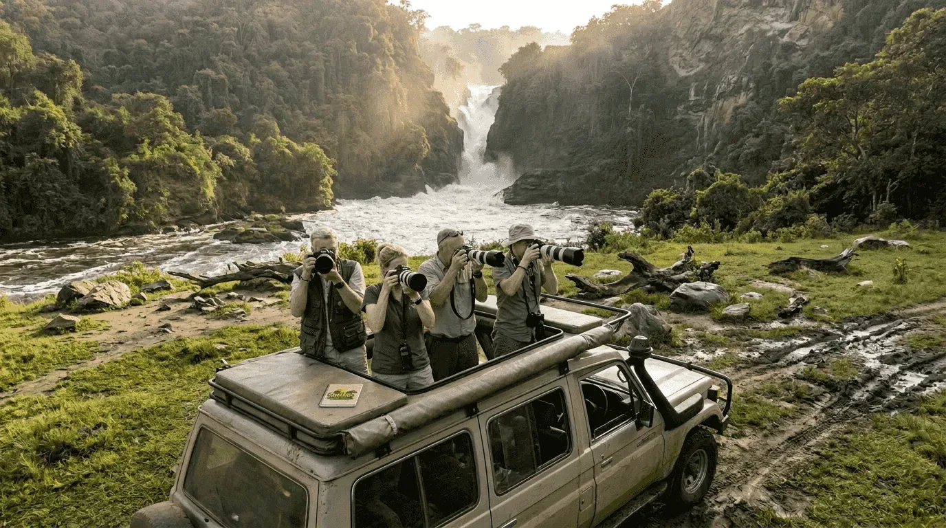 Tourists viewing Murchison Falls from safari van