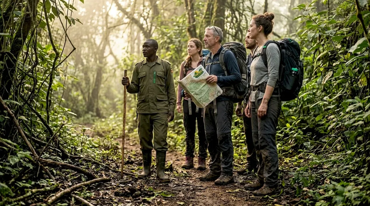 Tourists follow ranger on muddy gorilla trek trail