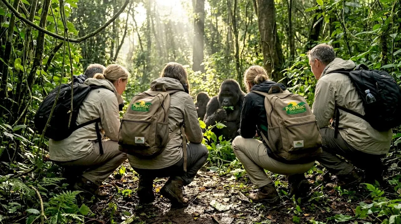 Tourists observing gorillas in Ugandan rainforest