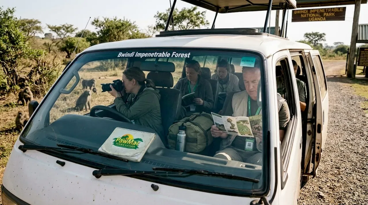 Travelers in safari van at park entrance Uganda