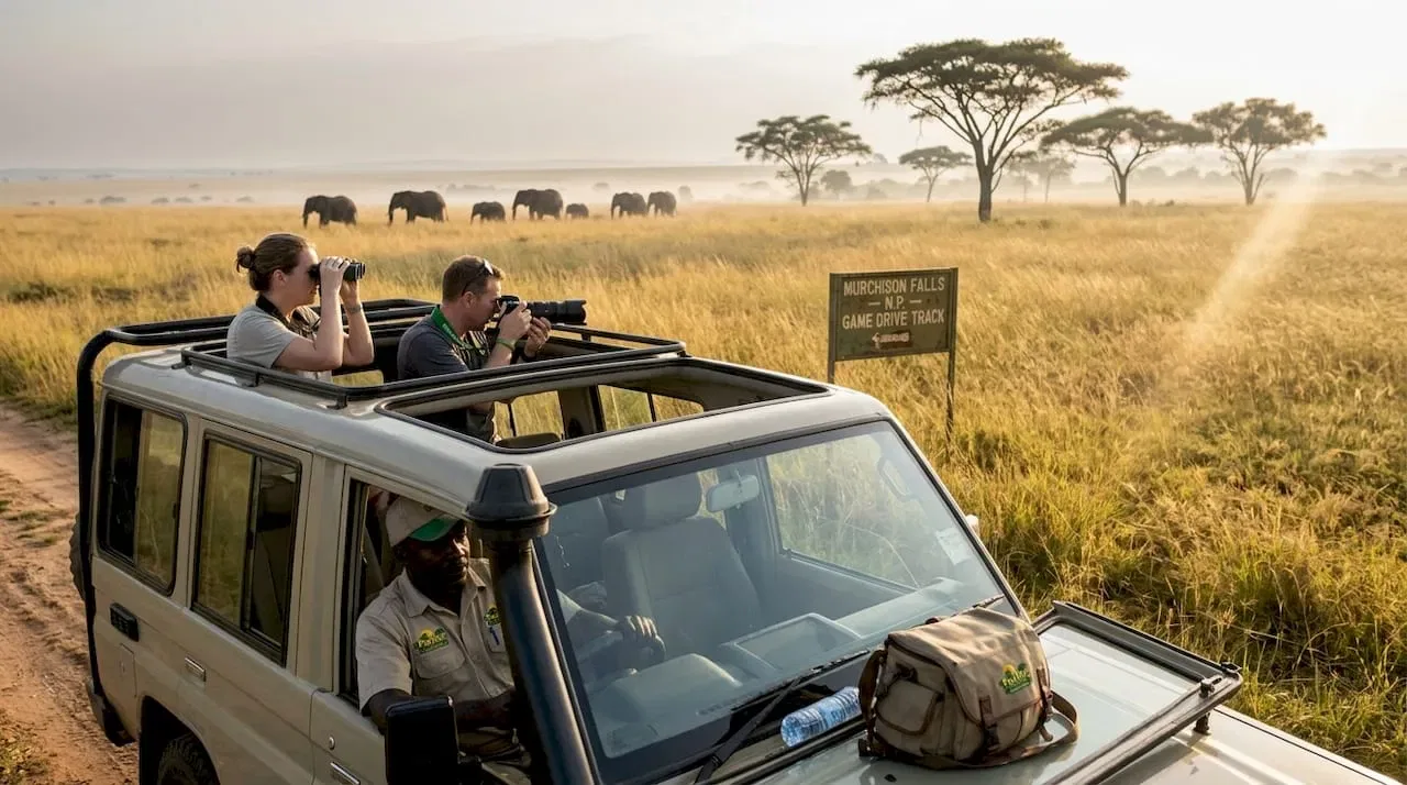 Uganda safari vehicle on savanna with elephants