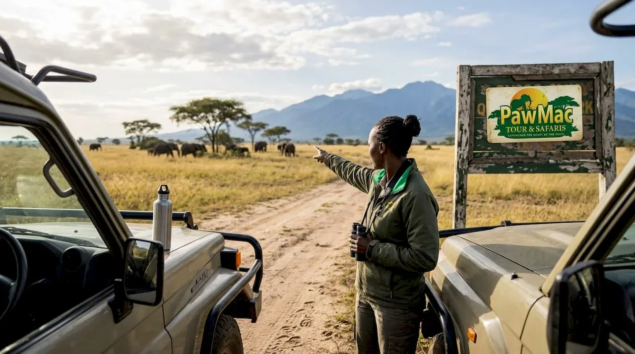Guide and vehicle in Queen Elizabeth park savannah