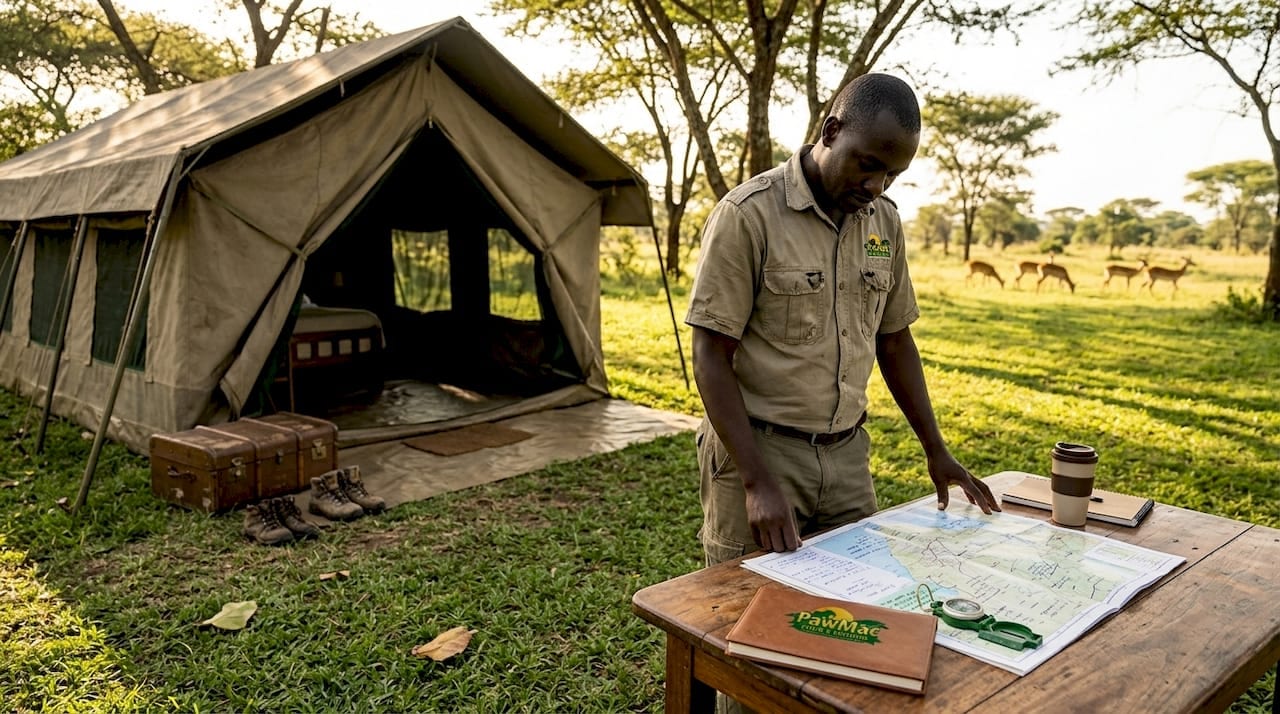 Safari guide checking map beside luxury tent