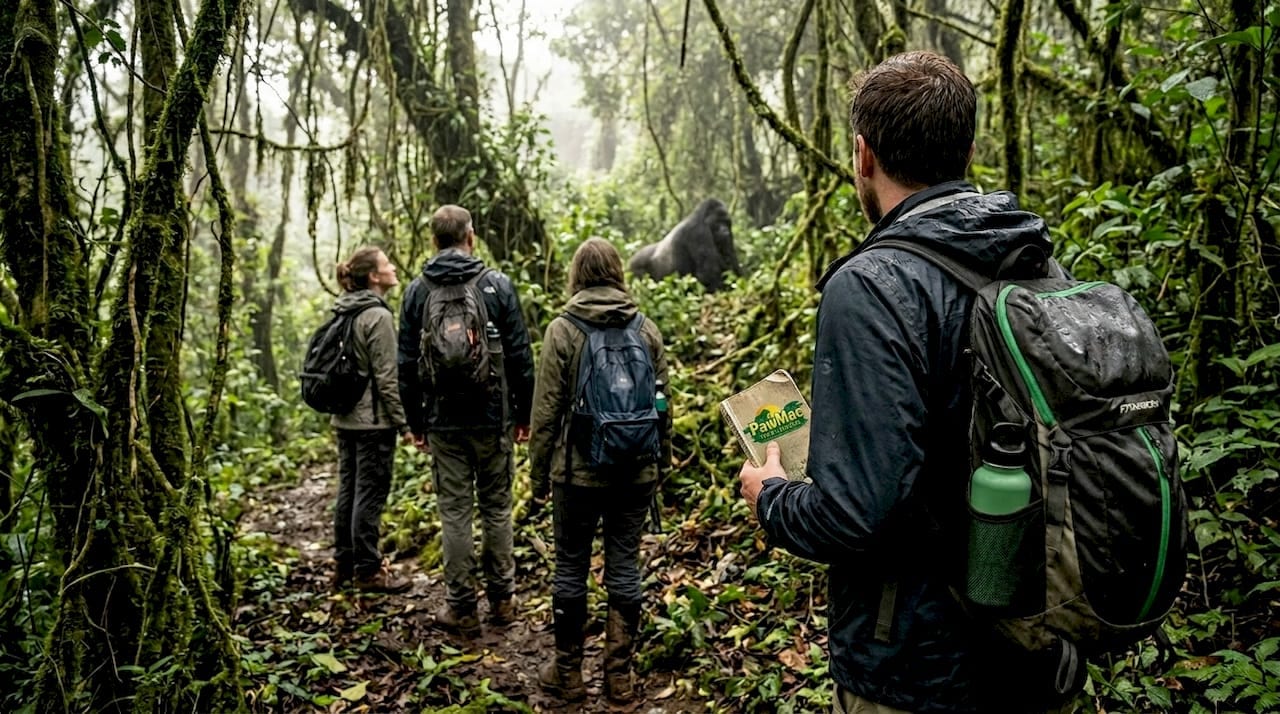 Travelers trekking to gorillas in Bwindi rainforest
