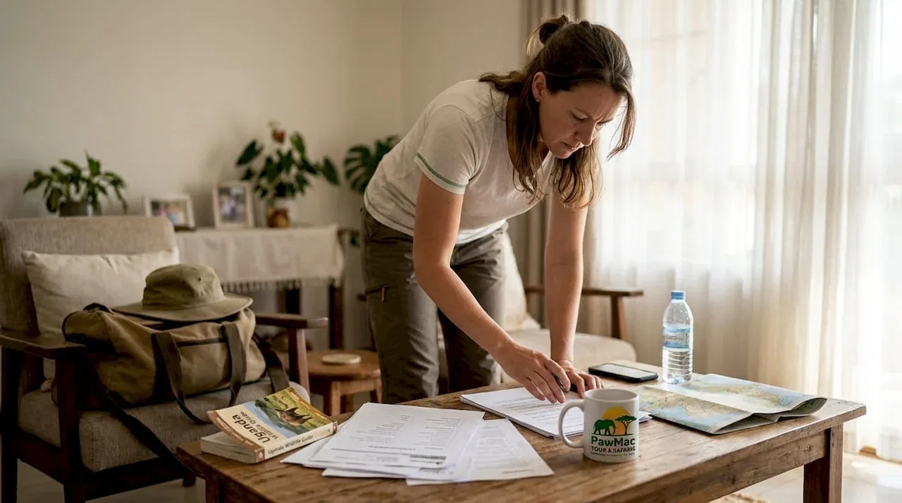 Traveler reviews safari insurance documents at home