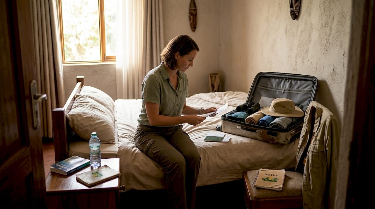 Traveler organizing safari gear in guesthouse room