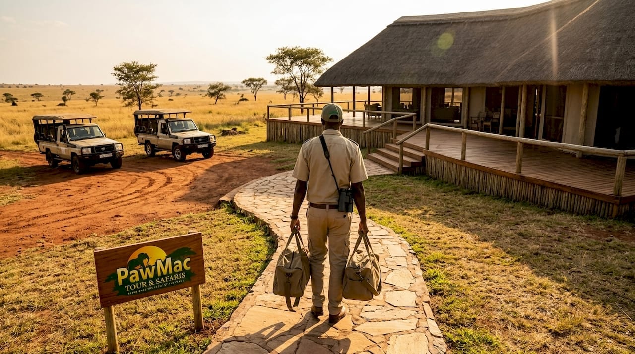 Staff approaching safari lodge in savanna setting