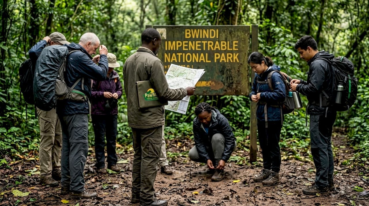 Travel group prepares at Bwindi jungle trailhead