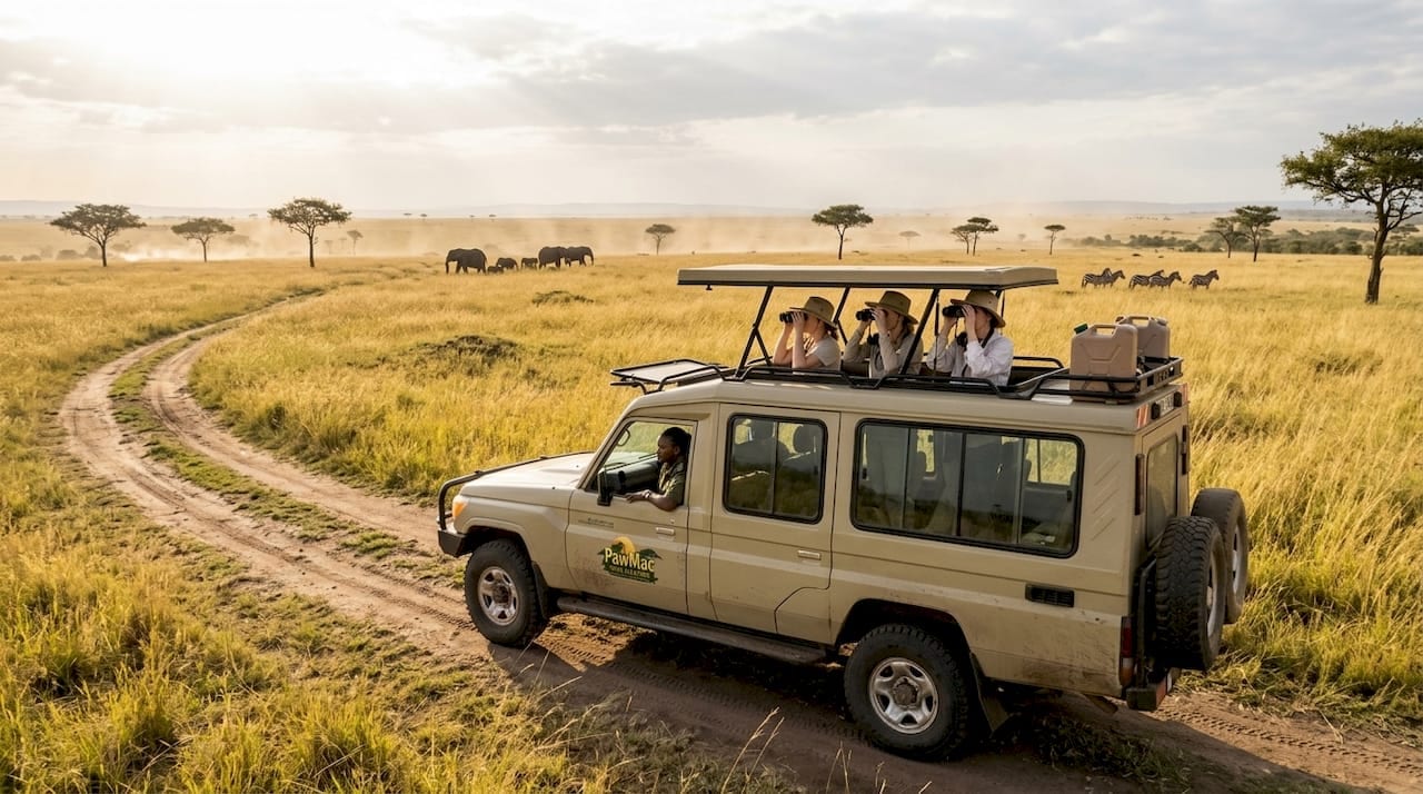 Safari vehicle with tourists in sweeping African savanna