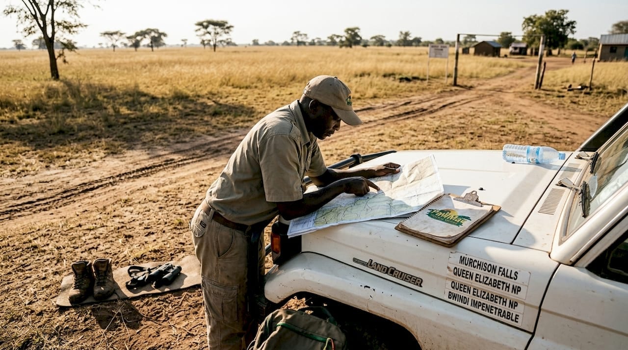 Safari guide with map near Uganda-Tanzania border