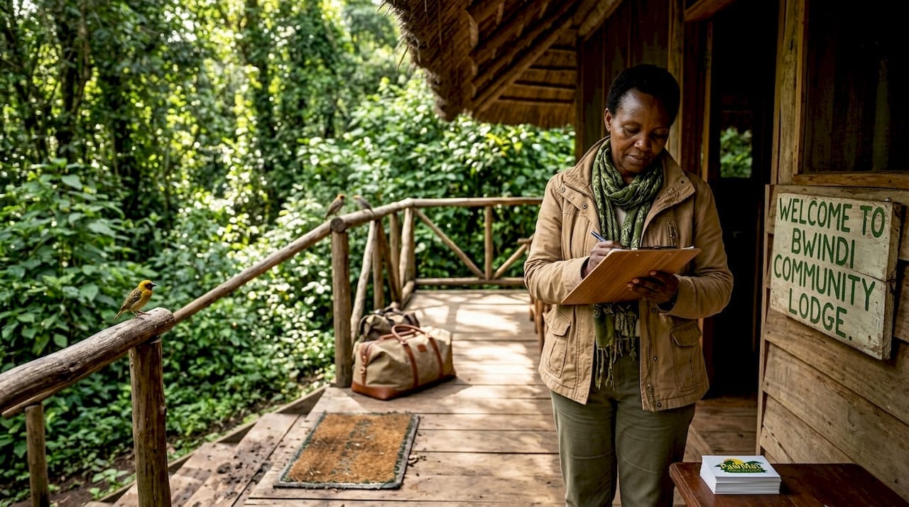 Safari lodge entrance with manager and porch