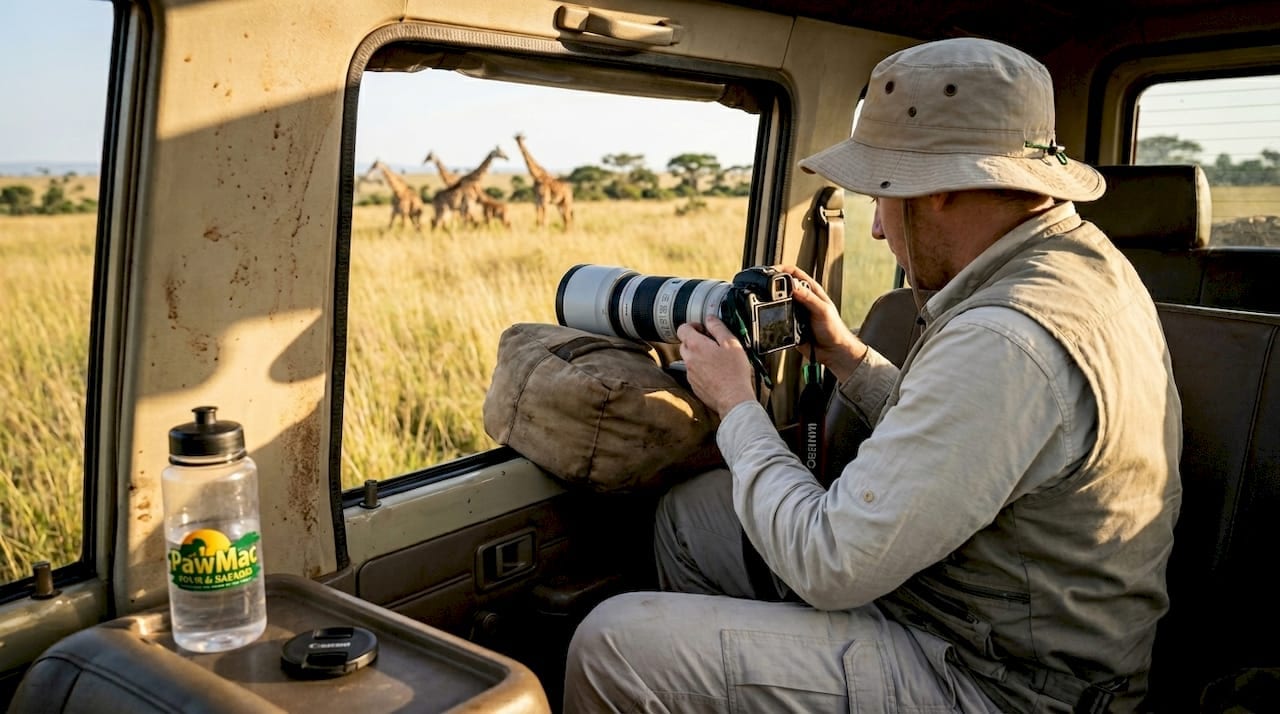 Wildlife photographer preparing camera on Uganda safari