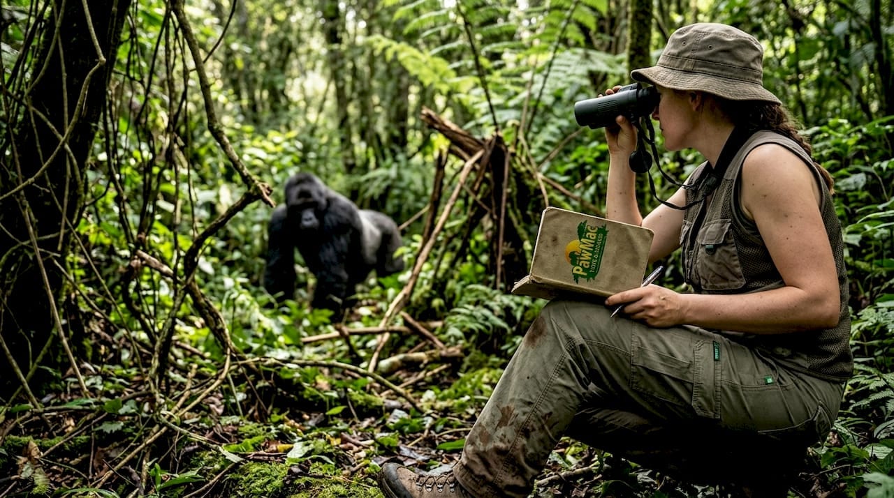 Wildlife researcher observes gorilla in forest