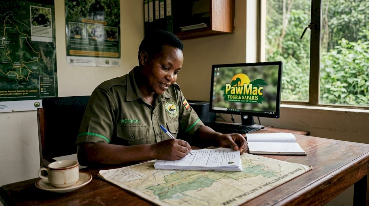 Park staff reviews trekking permit paperwork