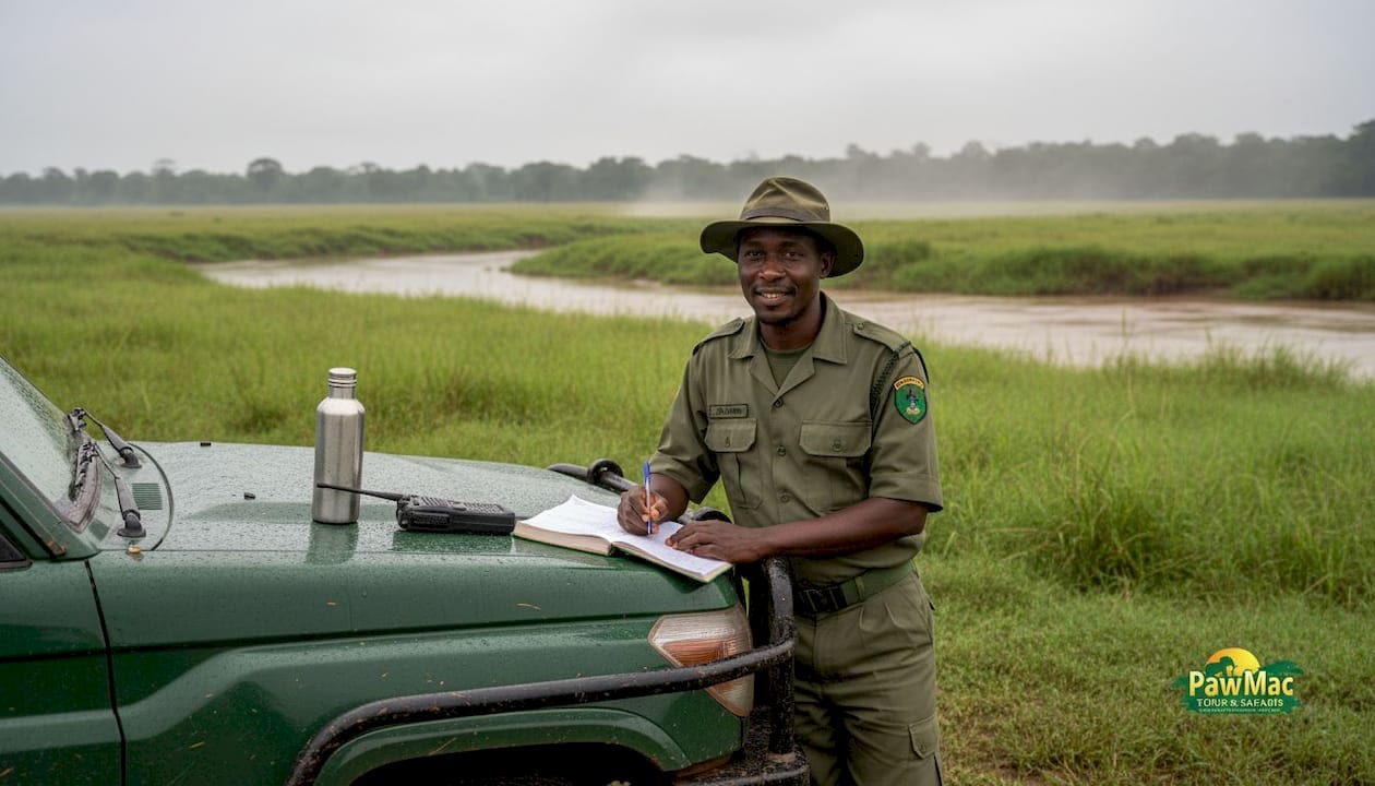 Park ranger at Murchison Falls beside safari jeep