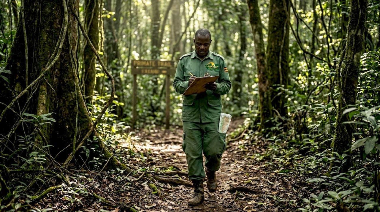 Ranger walking in dense Kibale forest trail