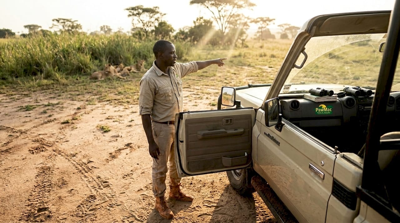 Safari guide observing wildlife in Uganda