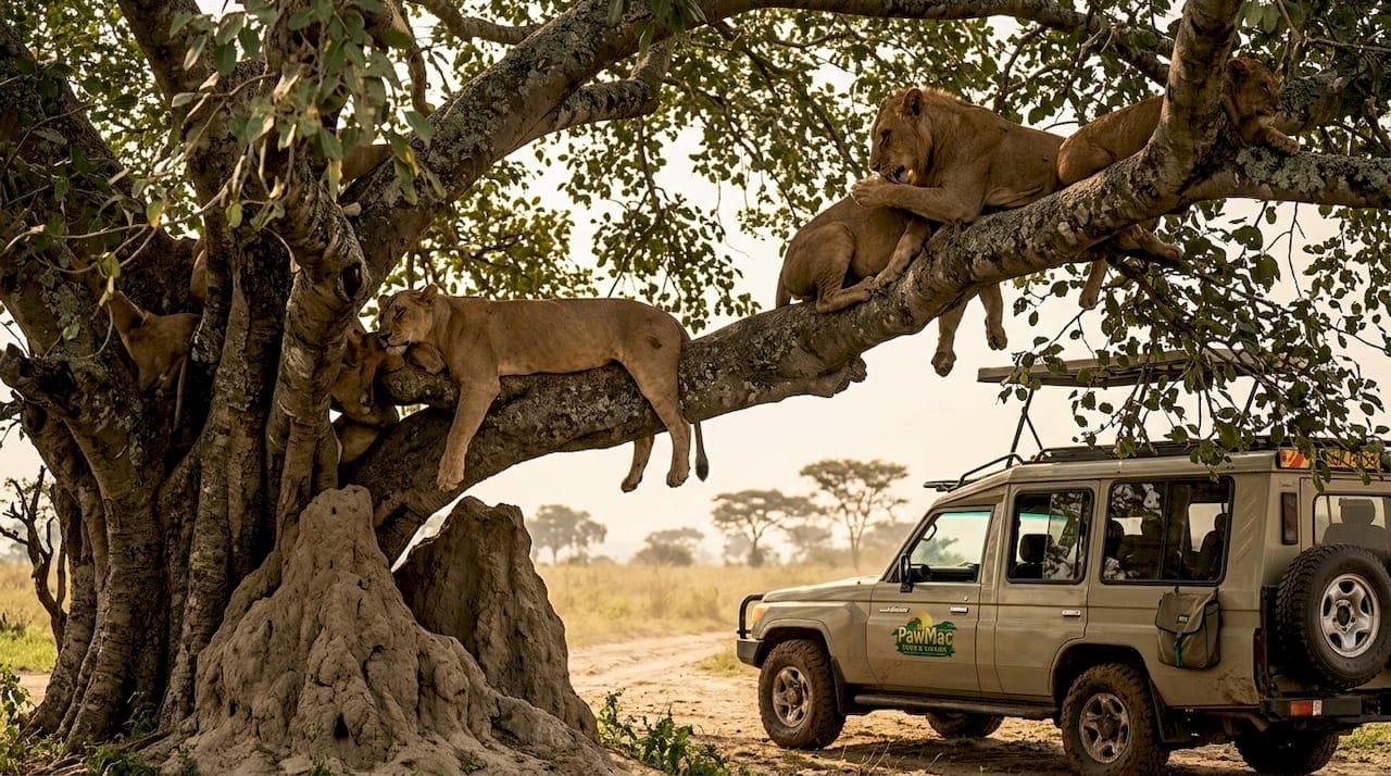 Lions lounging in fig tree Ishasha Uganda