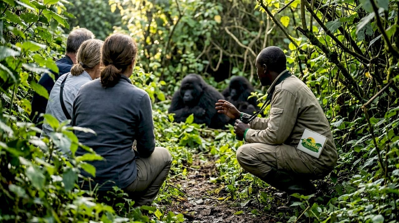 Guide and tourists observing gorillas in Ugandan forest