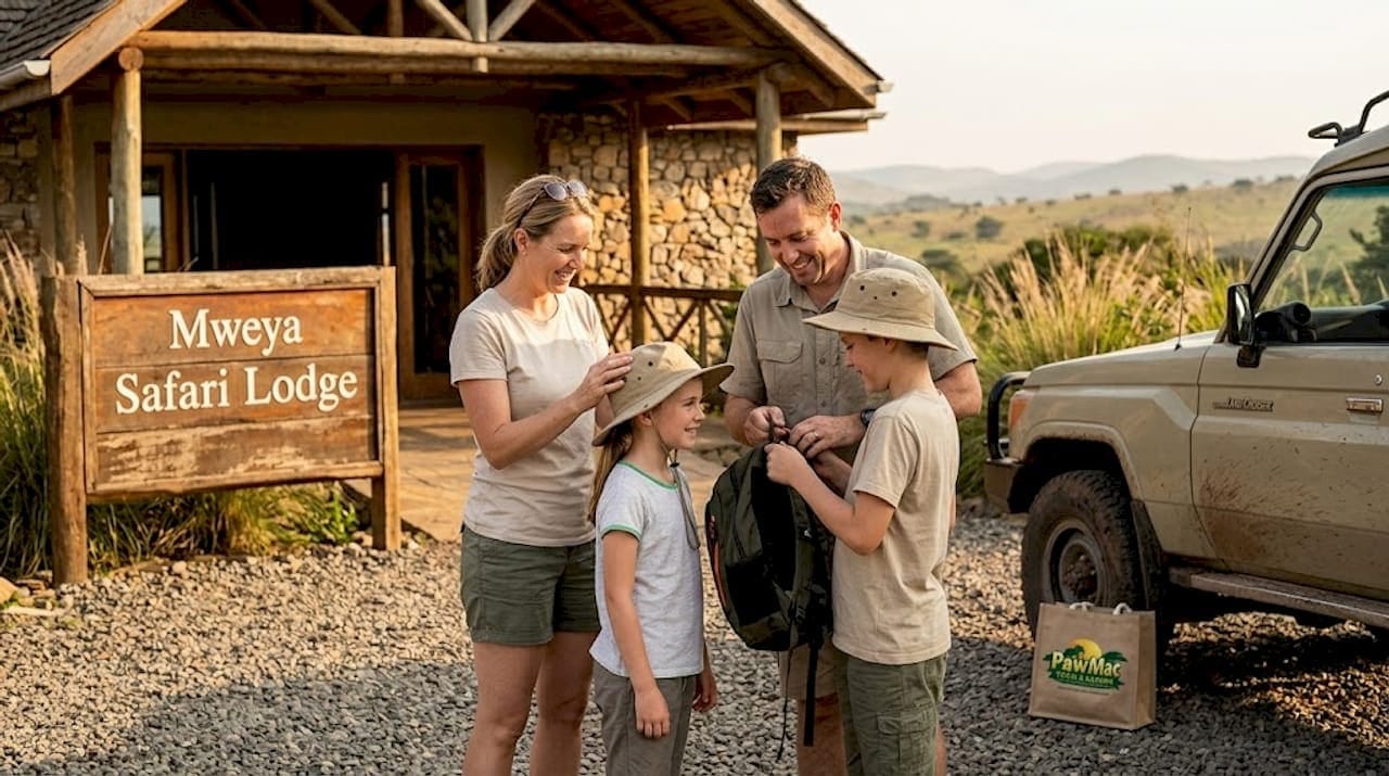 Family preparing at Uganda safari lodge gate