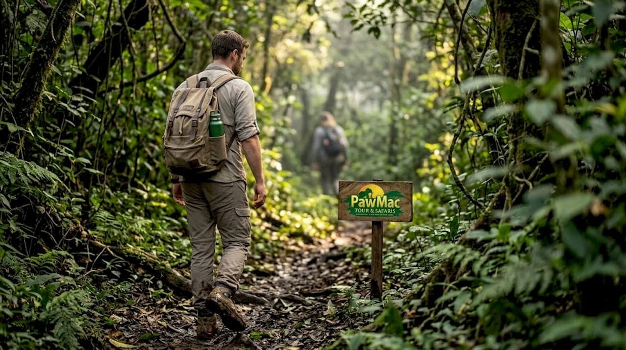 Gorilla trekker hiking muddy rainforest trail