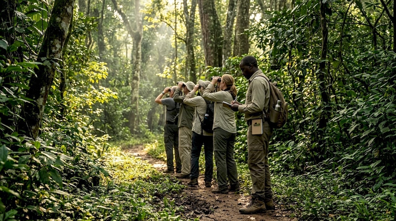 Safari guide leads chimp trek in Kibale Forest
