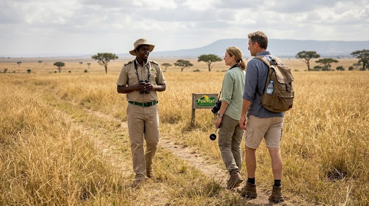 Safari guide and travelers in Ugandan savanna