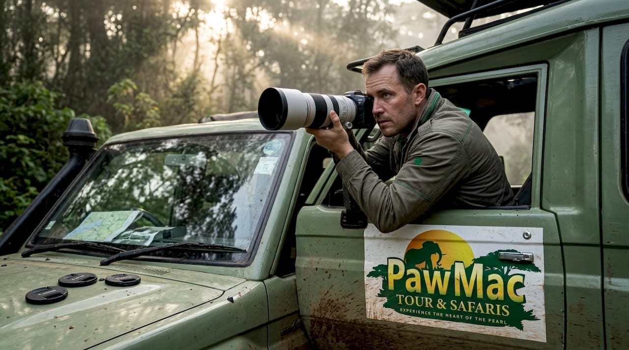 Photographer in safari vehicle on Uganda track