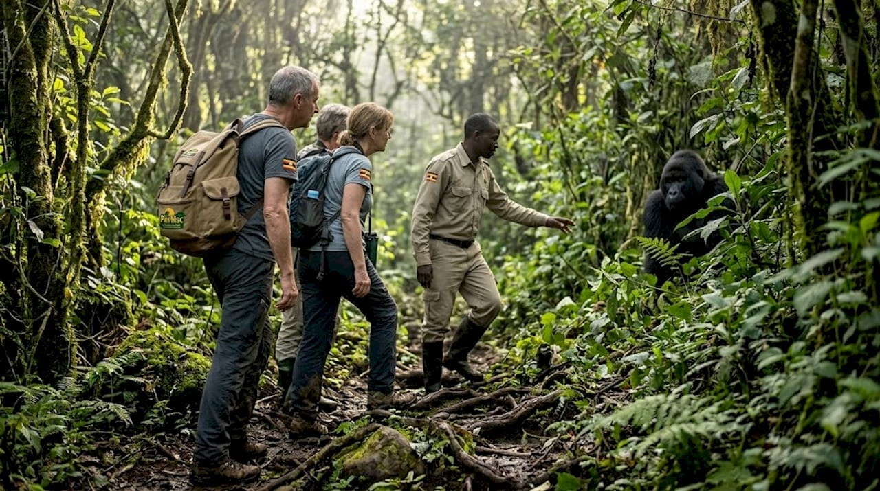Tourists and guide trekking in Bwindi forest
