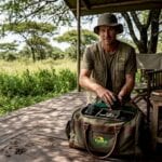 Photographer prepares camera gear on safari camp porch