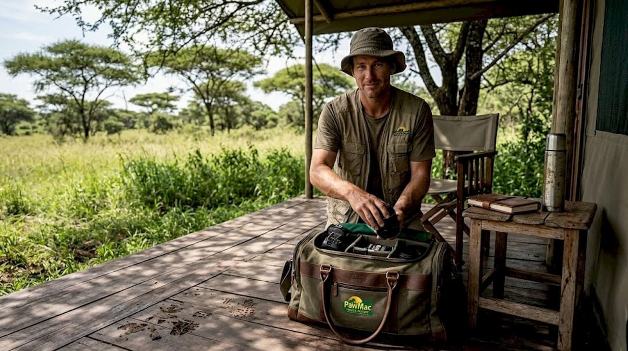 Photographer prepares camera gear on safari camp porch